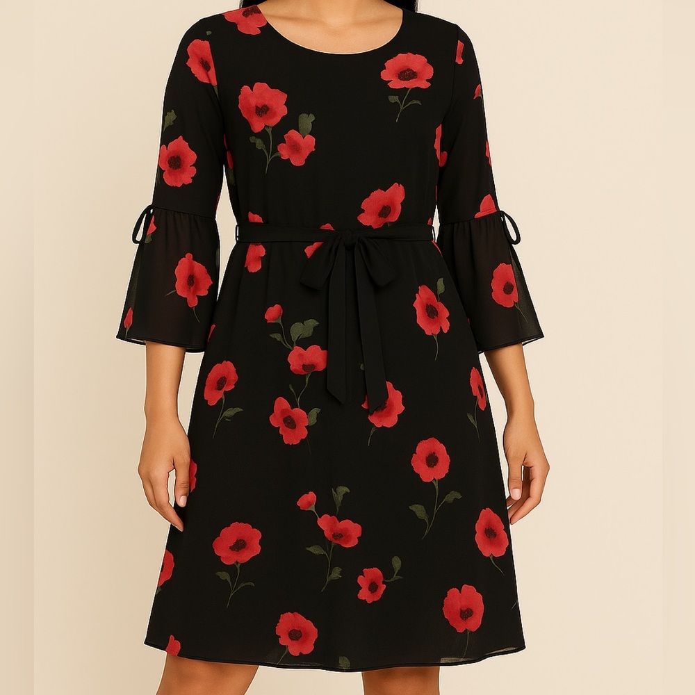 Elegant Black Dress-Pink Floral Design, Nine West, Size 14, Pre-loved Excellent